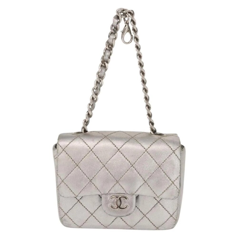 CHANEL Matelasse Chain Hand Bag Lamb Skin Silver CC Auth 148202 - Picture 3 of 16